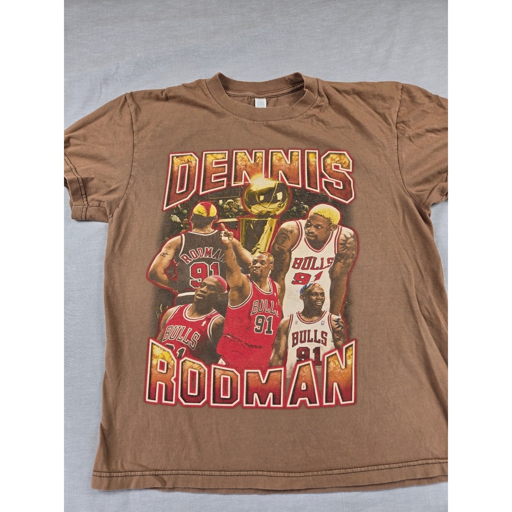 Dennis Rodman Chicago Bulls Graphic T-Shirt Brown Vintage Style NBA Mens Large
